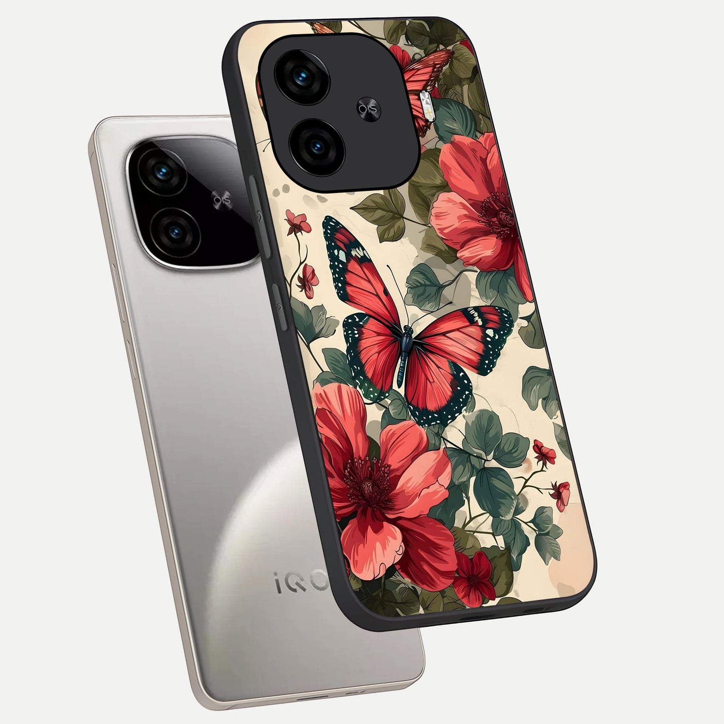  Crimson Butterfly Garden phone case for  iQOO Z9 Turbo showing premium glass back cover with detailed artwork