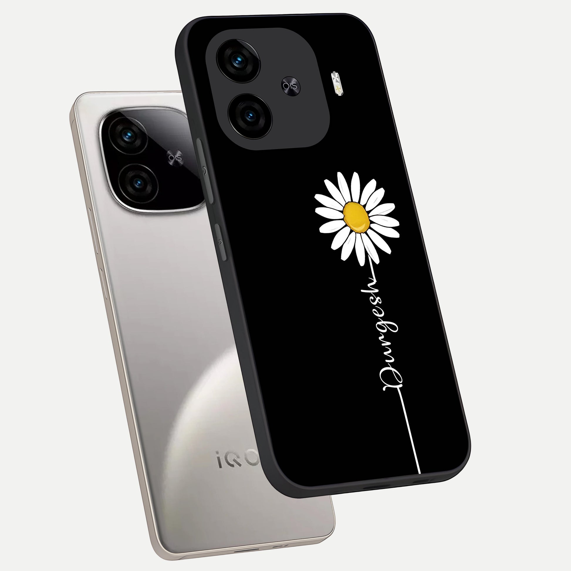  Custom Name White Flower phone case for  iQOO Z9 Turbo showing premium glass back cover with detailed artwork