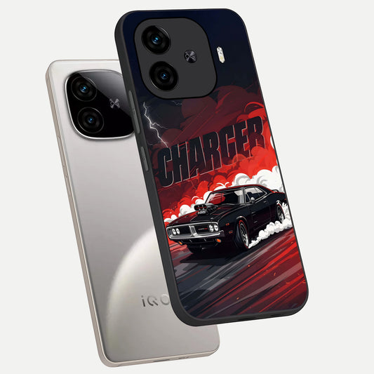  Dark Charger Fury phone case for  iQOO Z9 Turbo showing premium glass back cover with detailed artwork