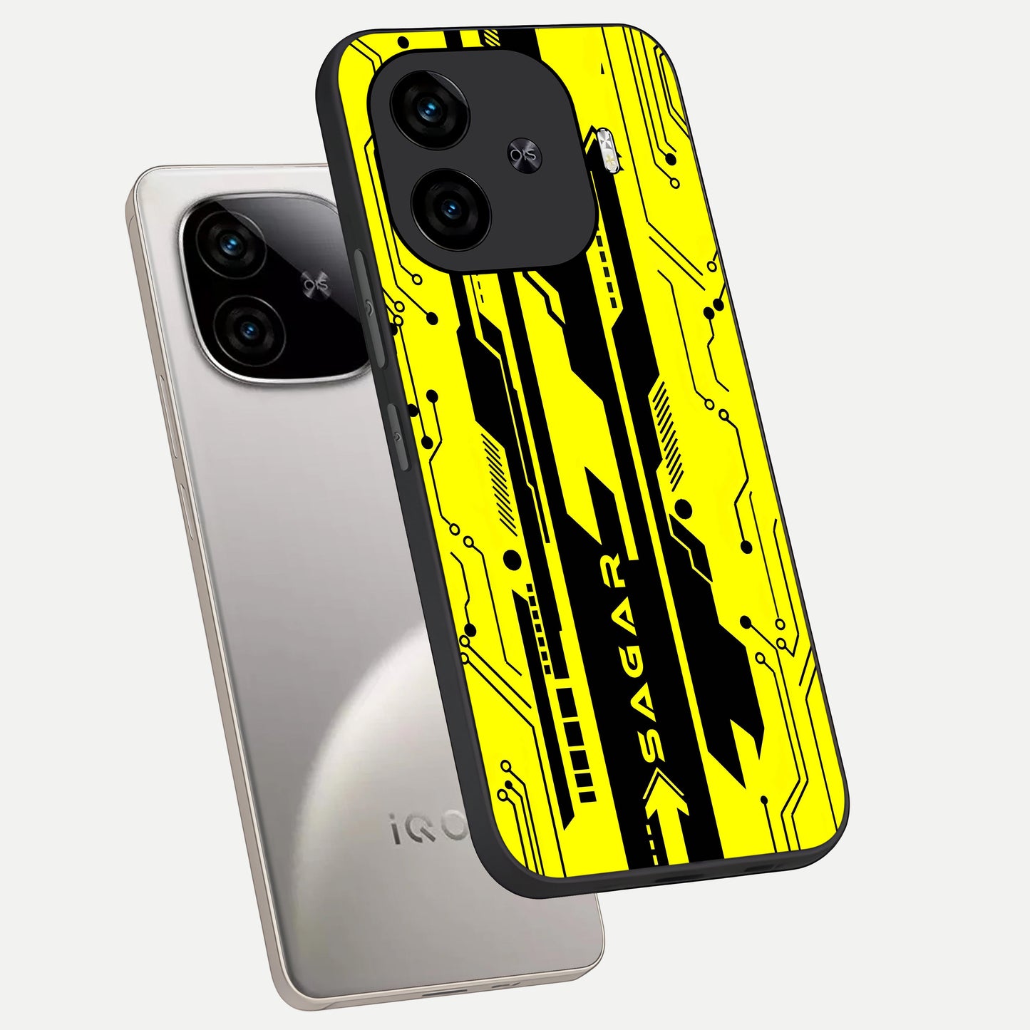  Electric Pulse CYBERPUNK Custom Name phone case for  iQOO Z9 Turbo showing premium glass back cover with detailed artwork