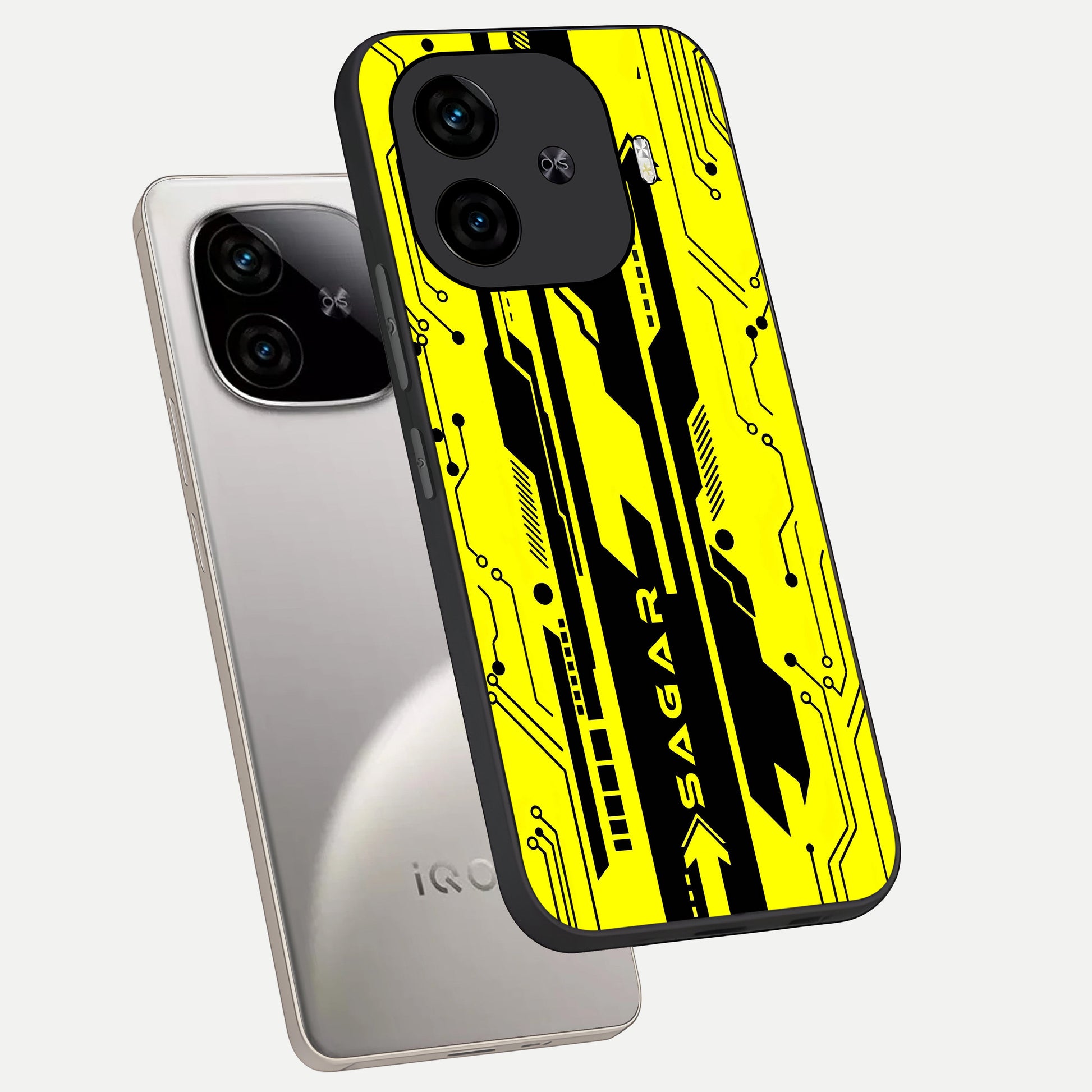  Electric Pulse CYBERPUNK Custom Name phone case for  iQOO Z9 Turbo showing premium glass back cover with detailed artwork