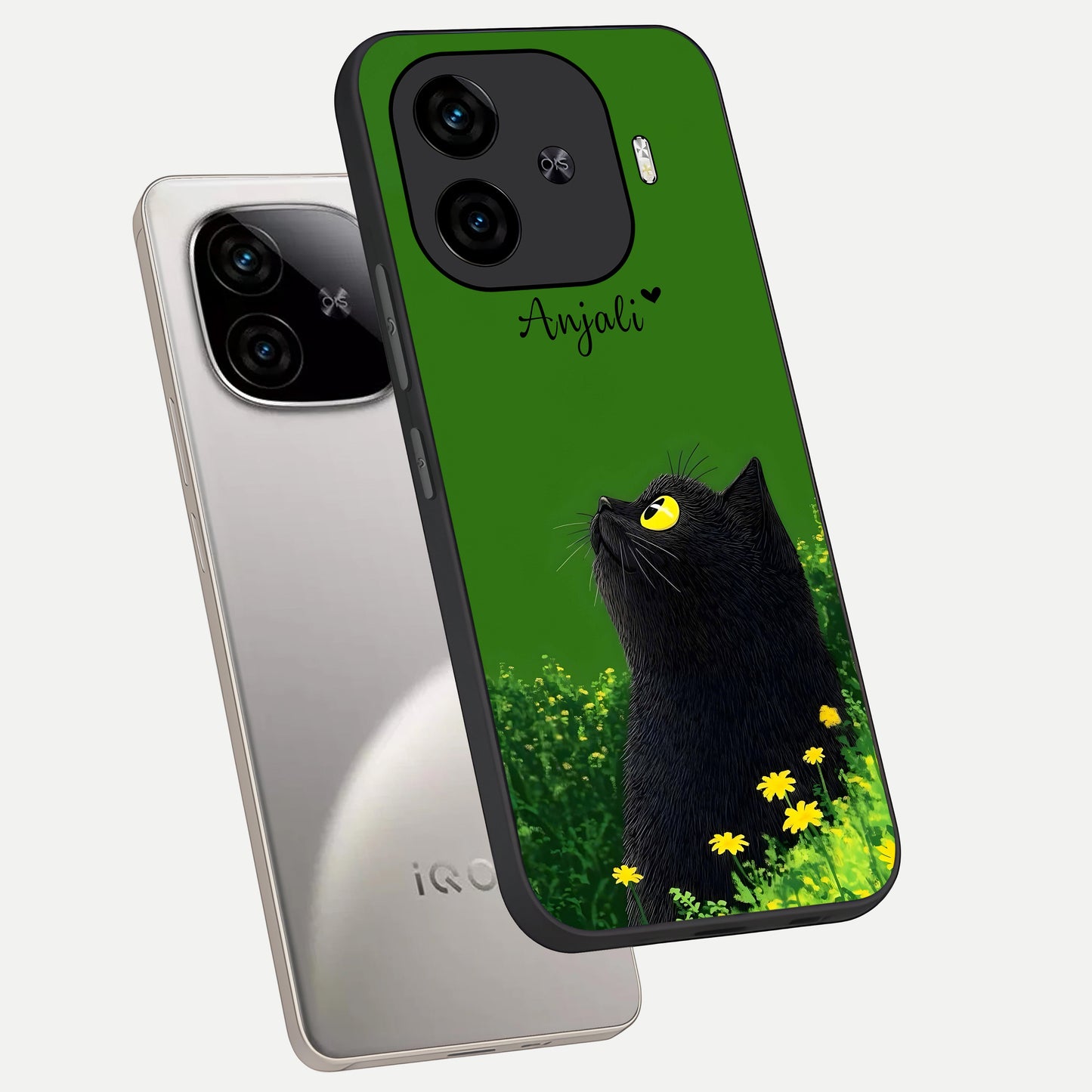  Emerald Cat Custom Name phone case for  iQOO Z9 Turbo showing premium glass back cover with detailed artwork