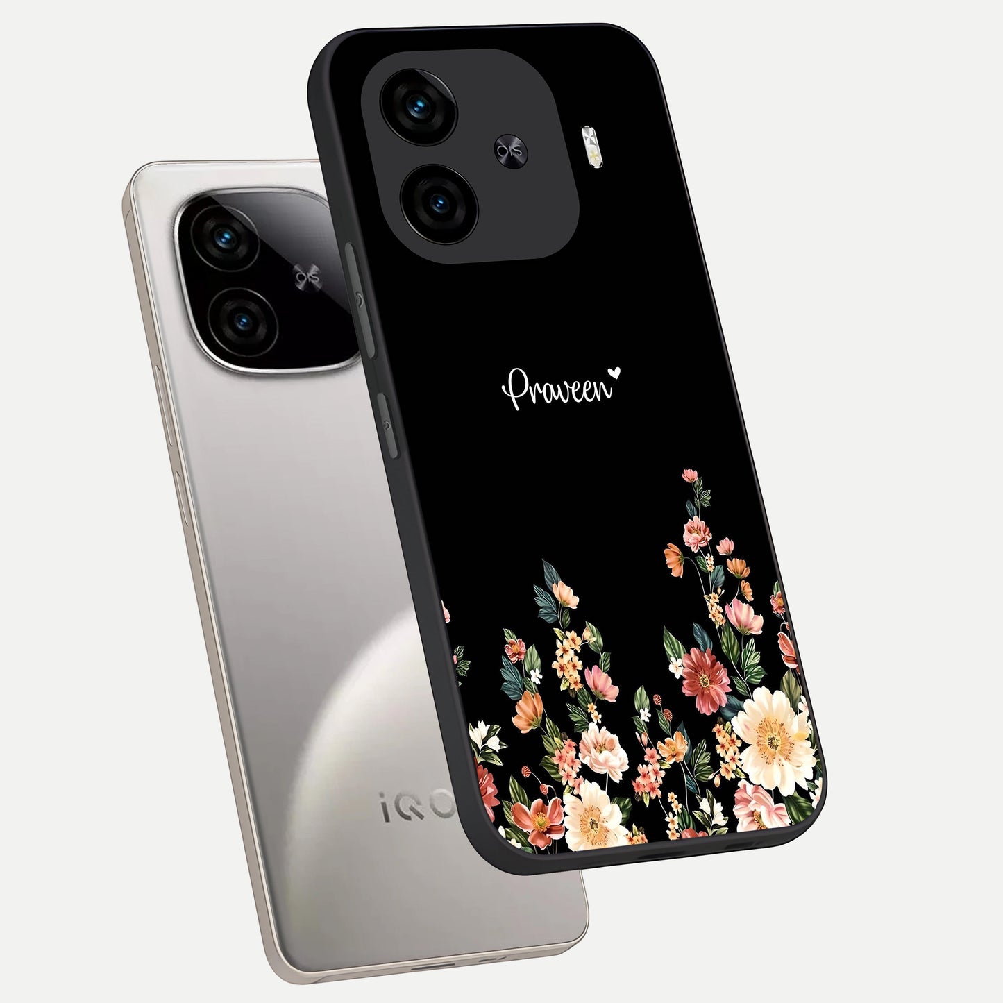  Floral Design Personalized Custom Name phone case for  iQOO Z9 Turbo showing premium glass back cover with detailed artwork