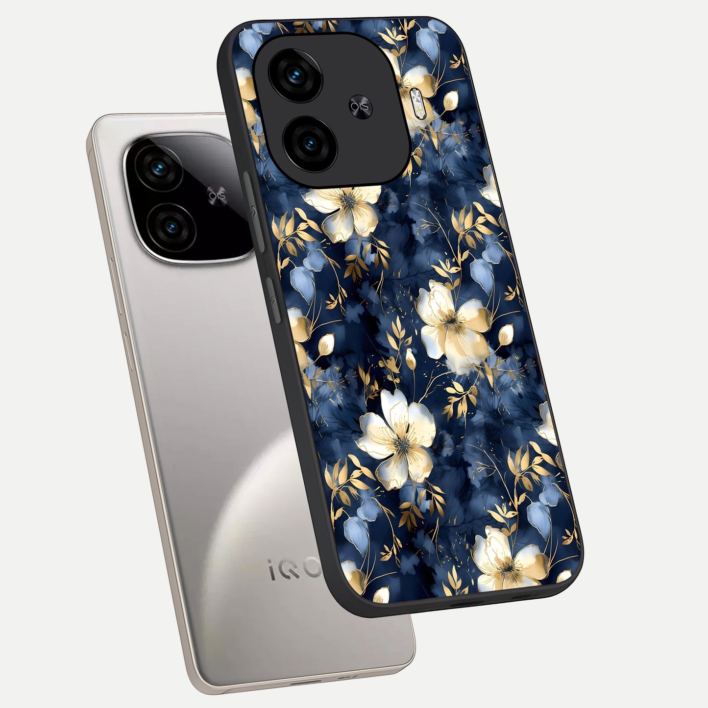  Golden Midnight Bloom phone case for  iQOO Z9 Turbo showing premium glass back cover with detailed artwork
