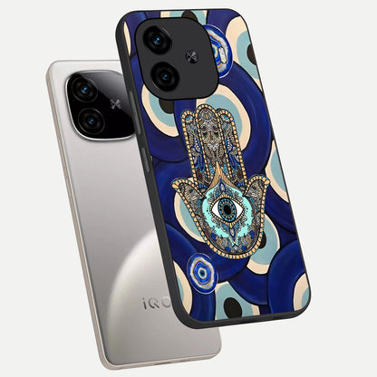  Hamsa Divine Guard phone case for  iQOO Z9 Turbo showing premium glass back cover with detailed artwork