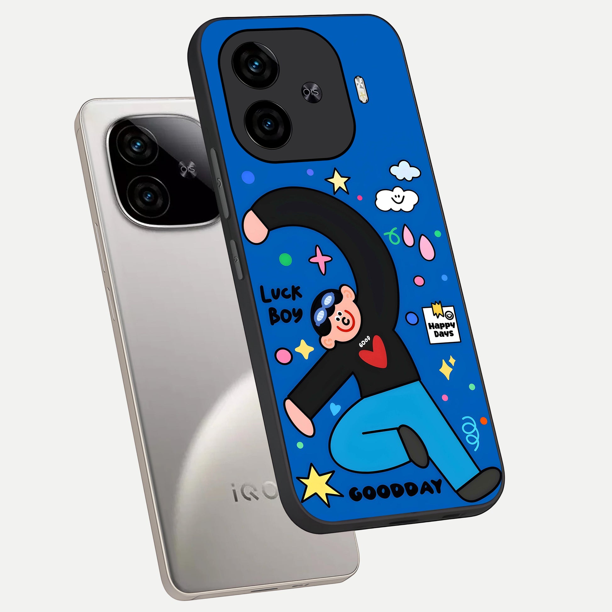  Happy Luck Vibe phone case for  iQOO Z9 Turbo showing premium glass back cover with detailed artwork