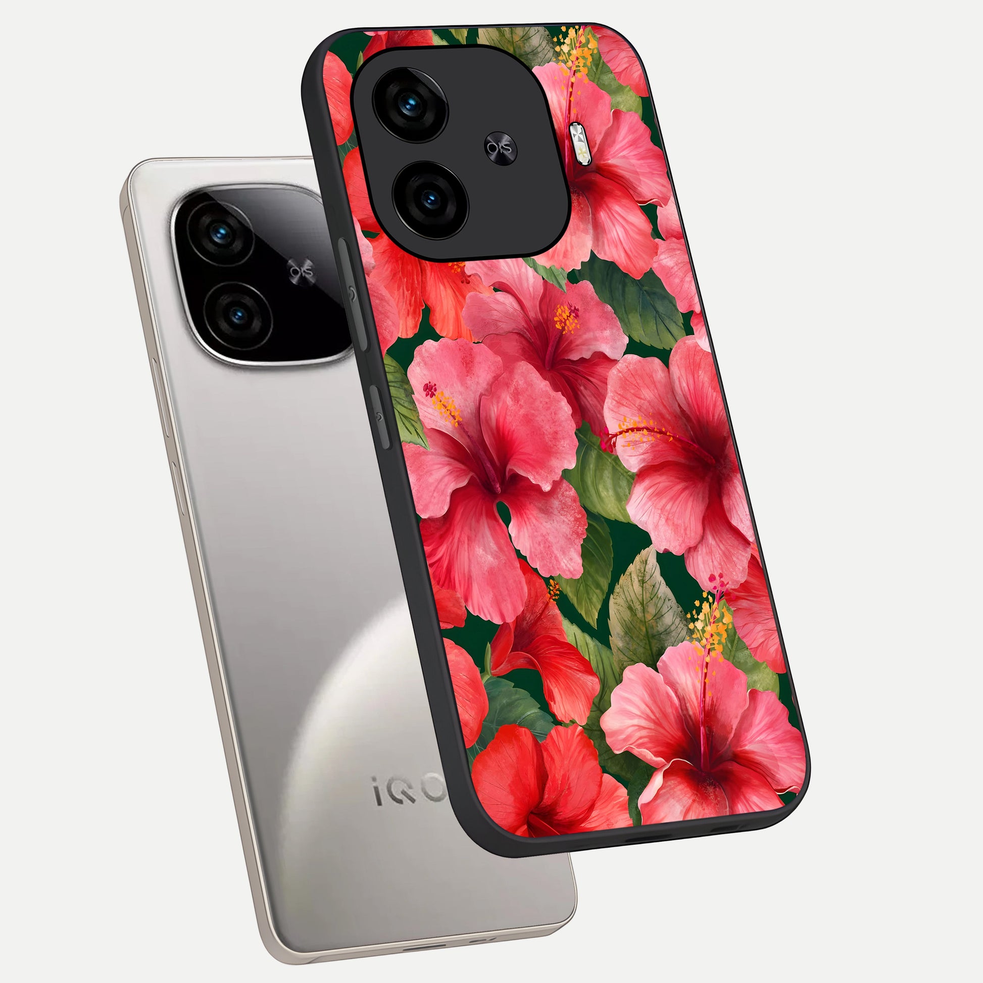  Hibiscus Pattern phone case for  iQOO Z9 Turbo showing premium glass back cover with detailed artwork