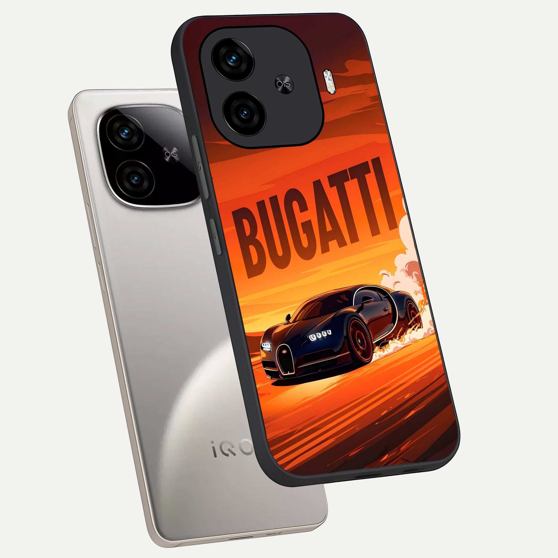 Inferno Bugatti Storm phone case for  iQOO Z9 Turbo showing premium glass back cover with detailed artwork