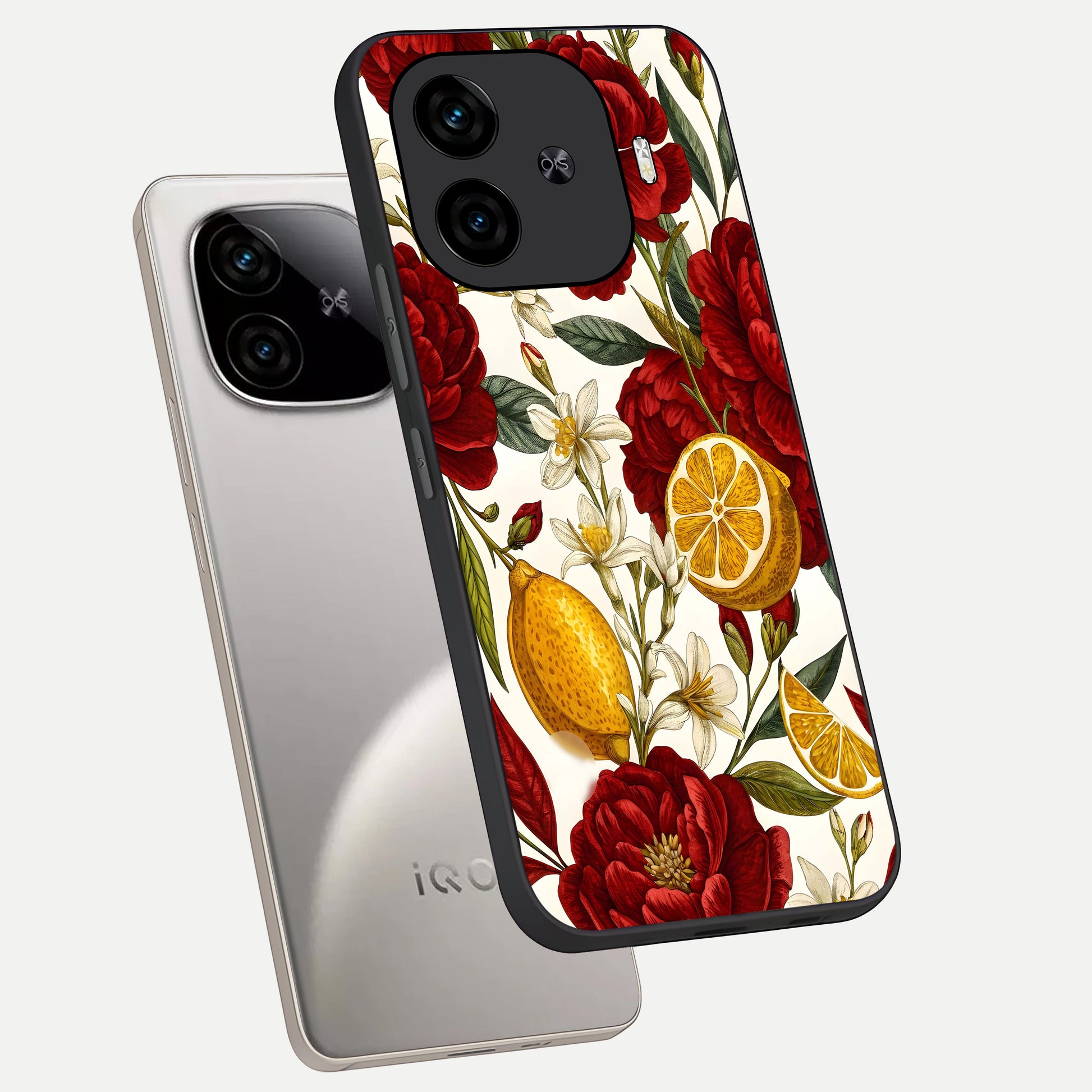  Lemon Rose Charm phone case for  iQOO Z9 Turbo showing premium glass back cover with detailed artwork