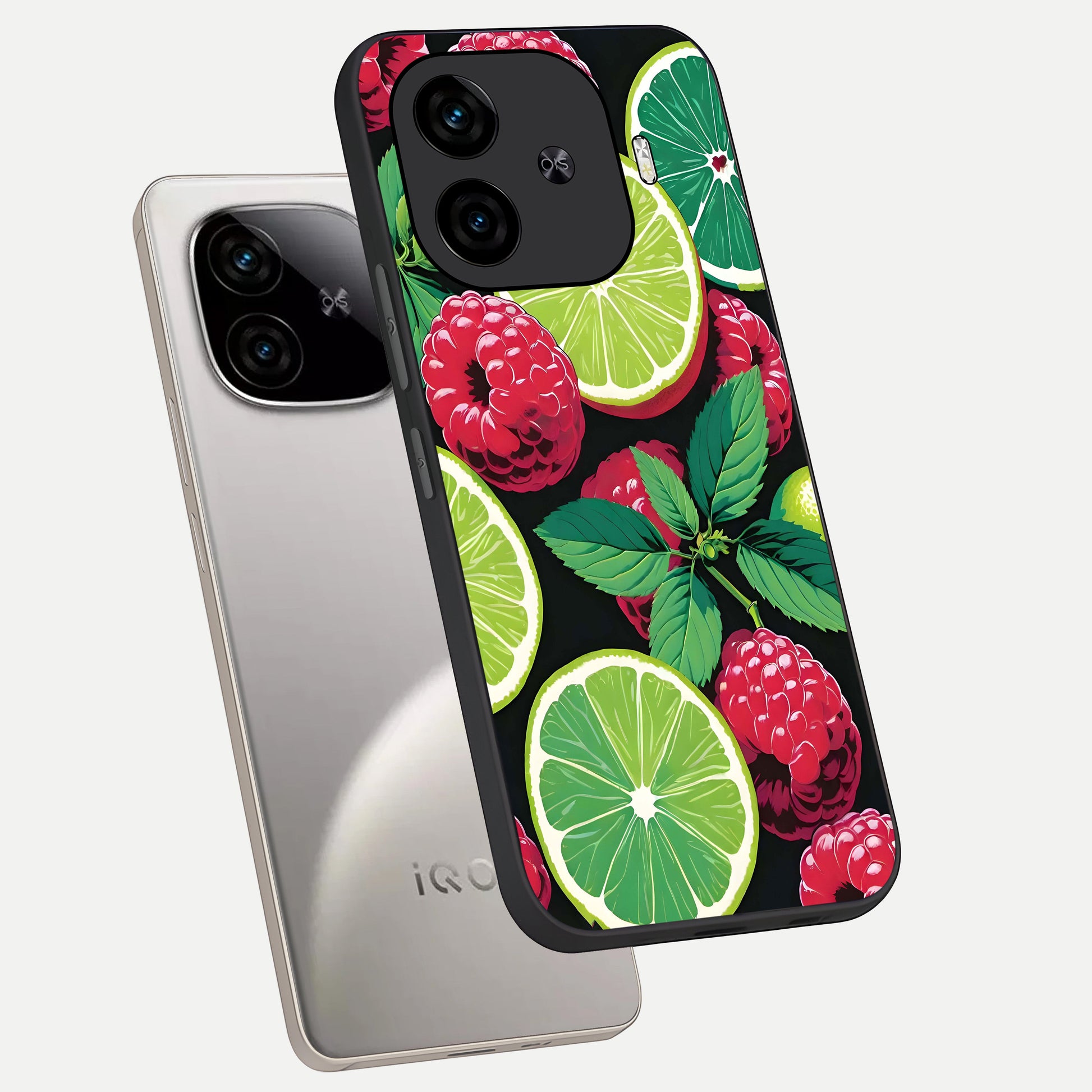  Lime and Raspberry Pattern phone case for  iQOO Z9 Turbo showing premium glass back cover with detailed artwork