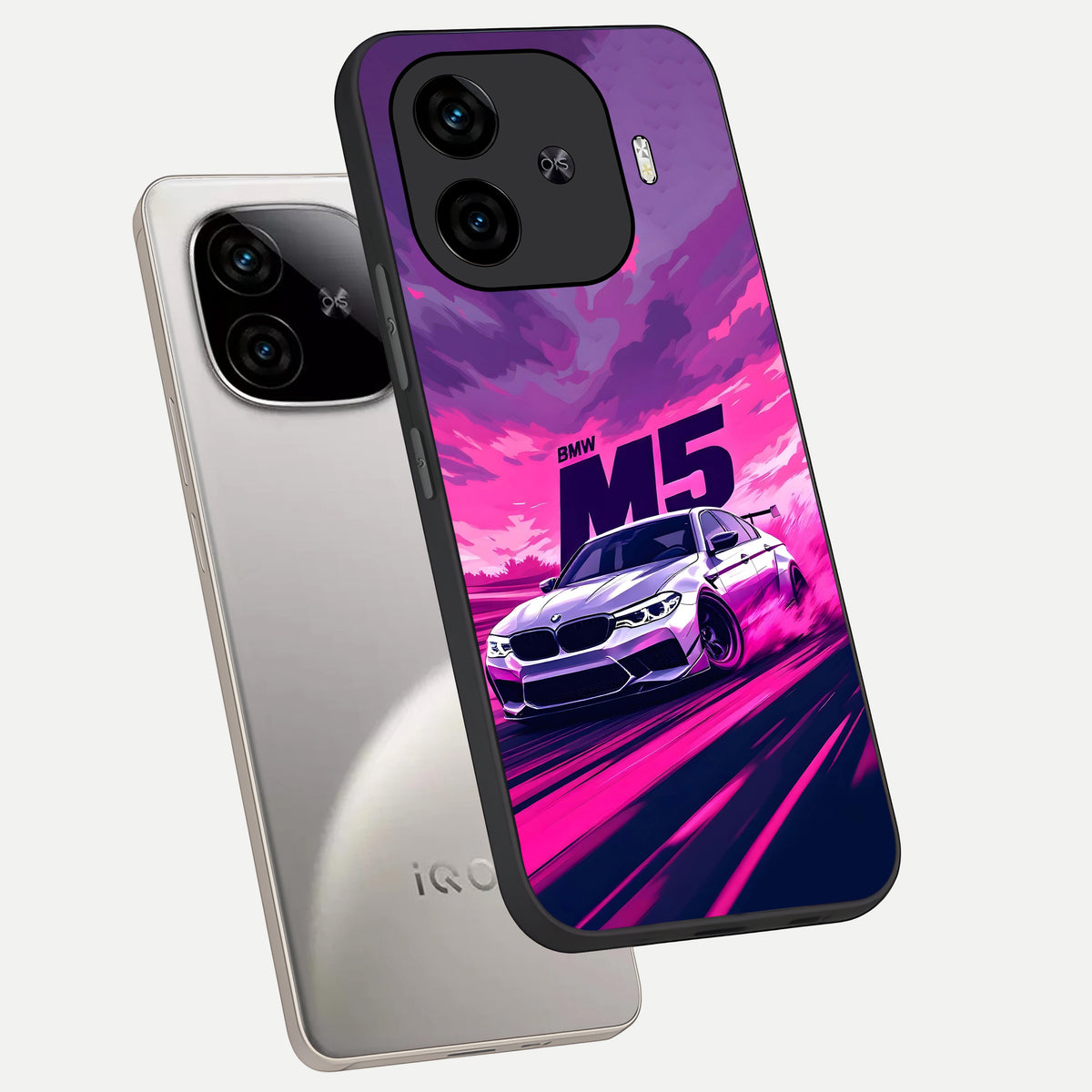  MS Neon Car phone case for  iQOO Z9 Turbo showing premium glass back cover with detailed artwork