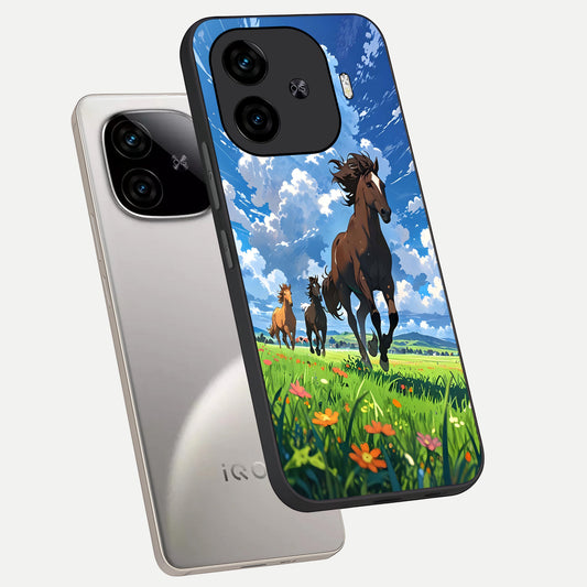  Majestic Horses Galloping phone case for  iQOO Z9 Turbo showing premium glass back cover with detailed artwork
