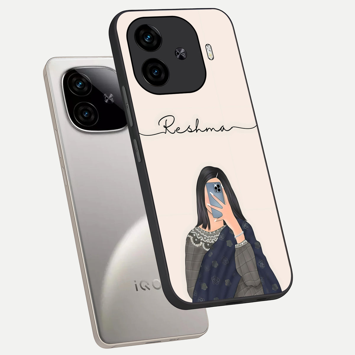  Mirror Mood Muse With Custom Name phone case for  iQOO Z9 Turbo showing premium glass back cover with detailed artwork