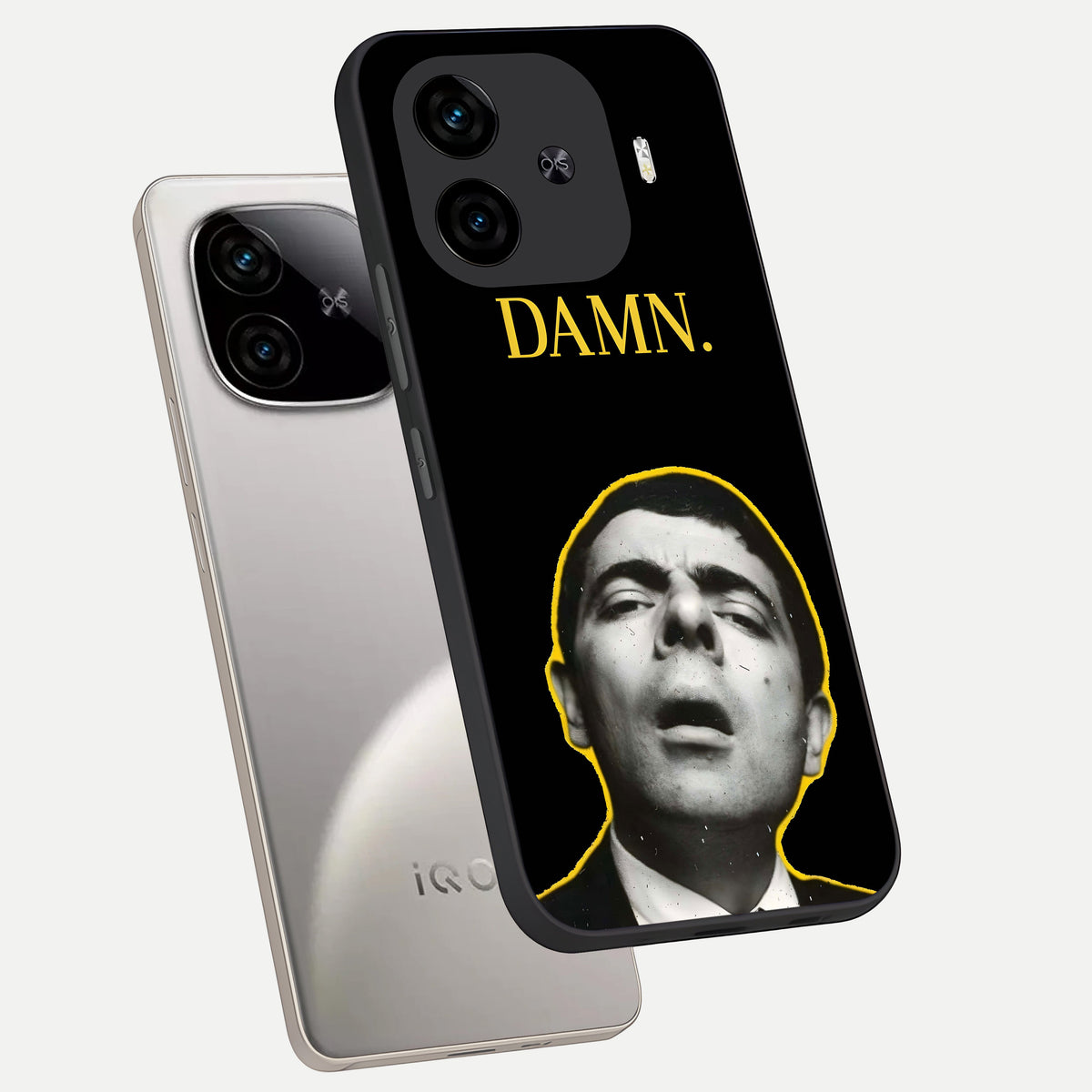  Mr Bean Damn phone case for  iQOO Z9 Turbo showing premium glass back cover with detailed artwork