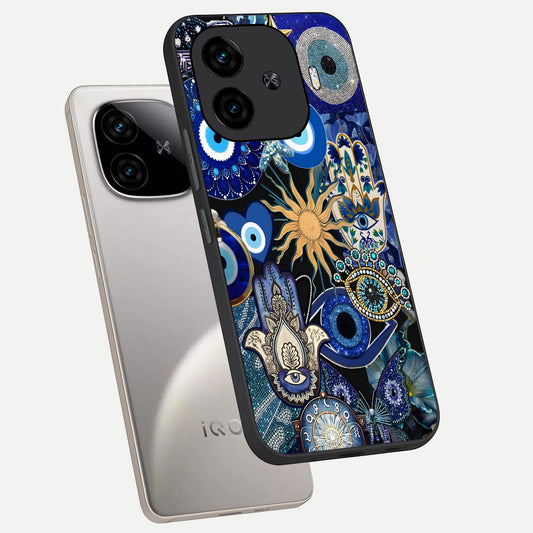  Mystic Blue Evil Eye phone case for  iQOO Z9 Turbo showing premium glass back cover with detailed artwork