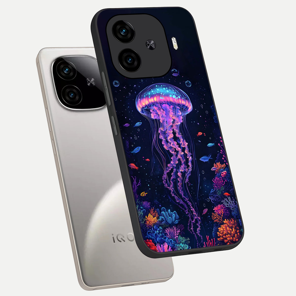 Neon Jellyfish phone case for  iQOO Z9 Turbo showing premium glass back cover with detailed artwork