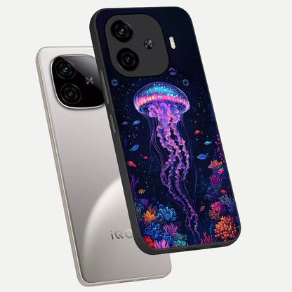  Neon Jellyfish phone case for  iQOO Z9 Turbo showing premium glass back cover with detailed artwork