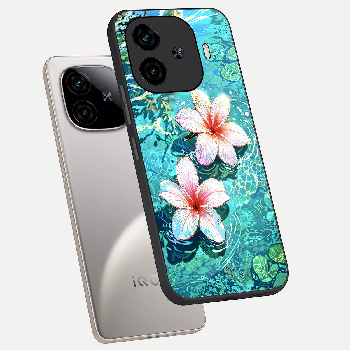  Pink Flowers in Water phone case for  iQOO Z9 Turbo showing premium glass back cover with detailed artwork