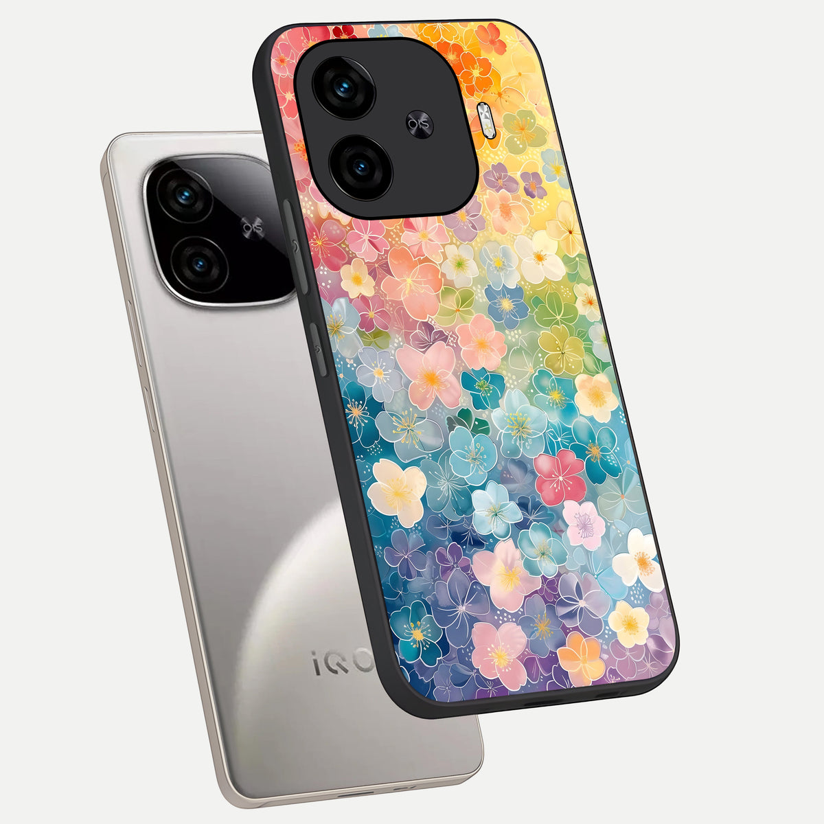  Rainbow Blossom Burst phone case for  iQOO Z9 Turbo showing premium glass back cover with detailed artwork