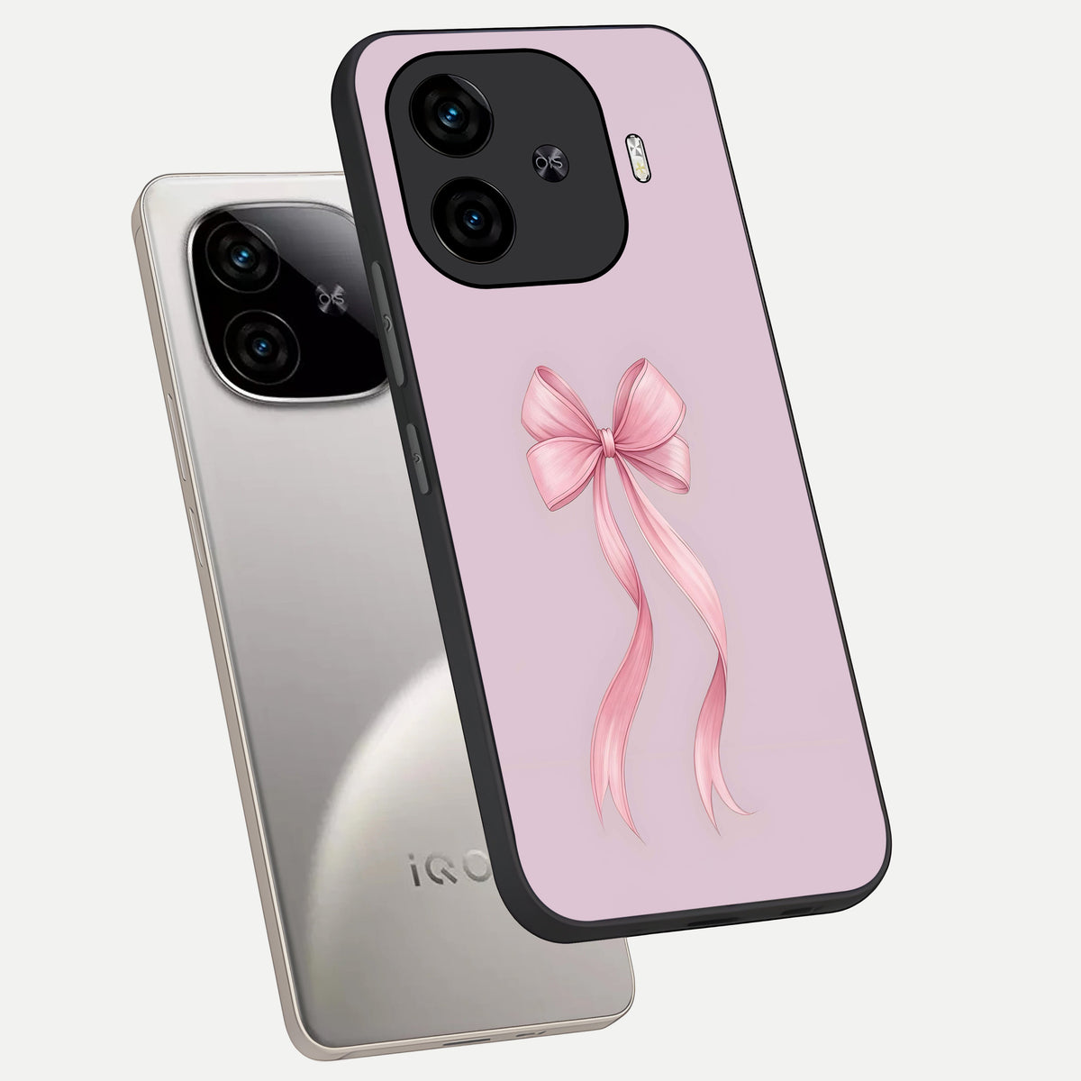  Soft Blush Bow phone case for  iQOO Z9 Turbo showing premium glass back cover with detailed artwork