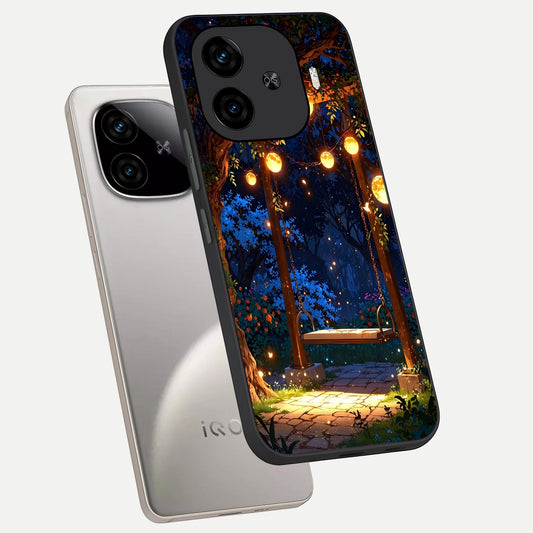  Twilight Garden Swing phone case for  iQOO Z9 Turbo showing premium glass back cover with detailed artwork