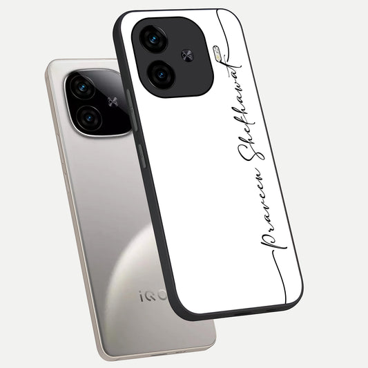  White Tune Custom Name phone case for  iQOO Z9 Turbo showing premium custom name glass back cover