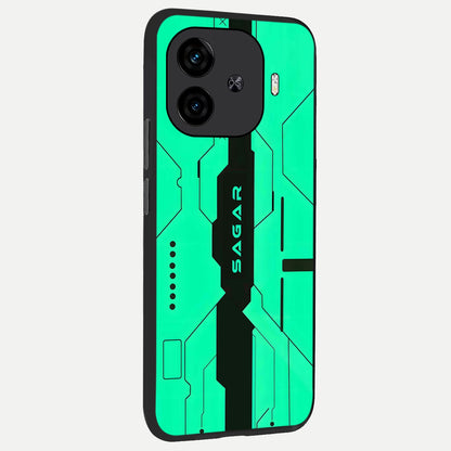  Aqua Tech CYBERPUNK Custom Name back cover for  iQOO Z9 Turbo slim fit glass case with vibrant aesthetic design