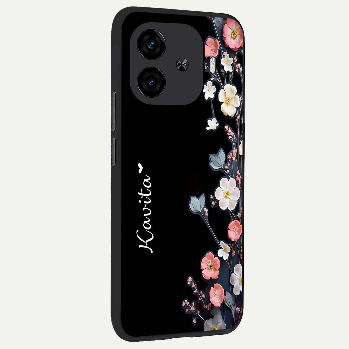  Black Elegance Floral Custom Name back cover for  iQOO Z9 Turbo slim fit glass case with vibrant aesthetic design