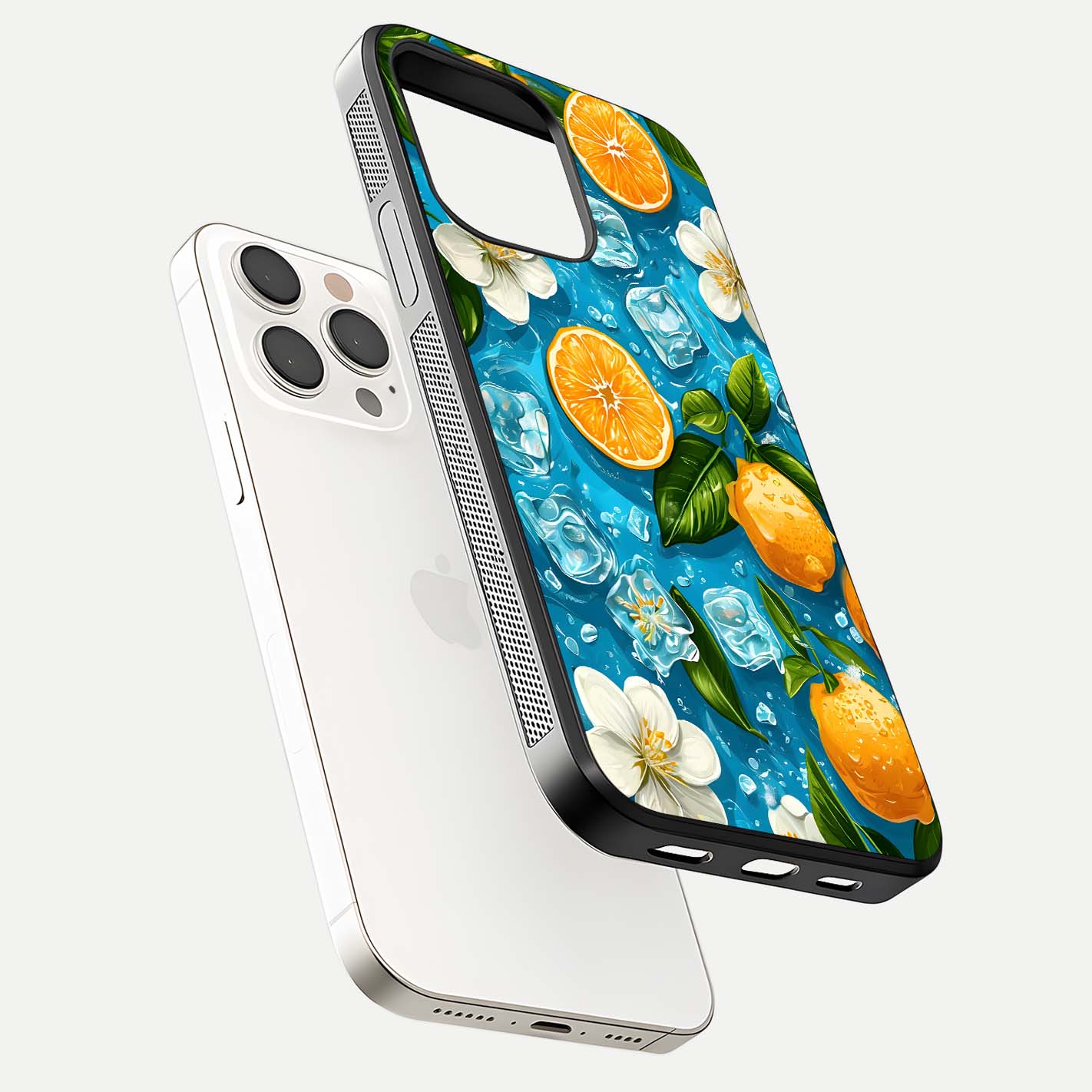 Ice Cube With Orange Glass Case for iPhone 15 Pro Max floating dual-view mockup showing glossy shine and cool refreshing tone
