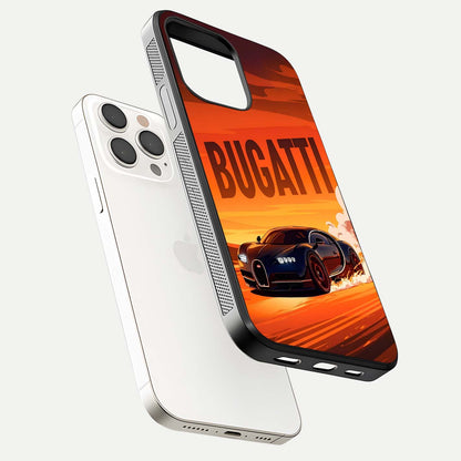 Inferno Bugatti Storm Glass Case for iPhone 15 Pro Max floating dual-view mockup showing gloss surface and racing energy