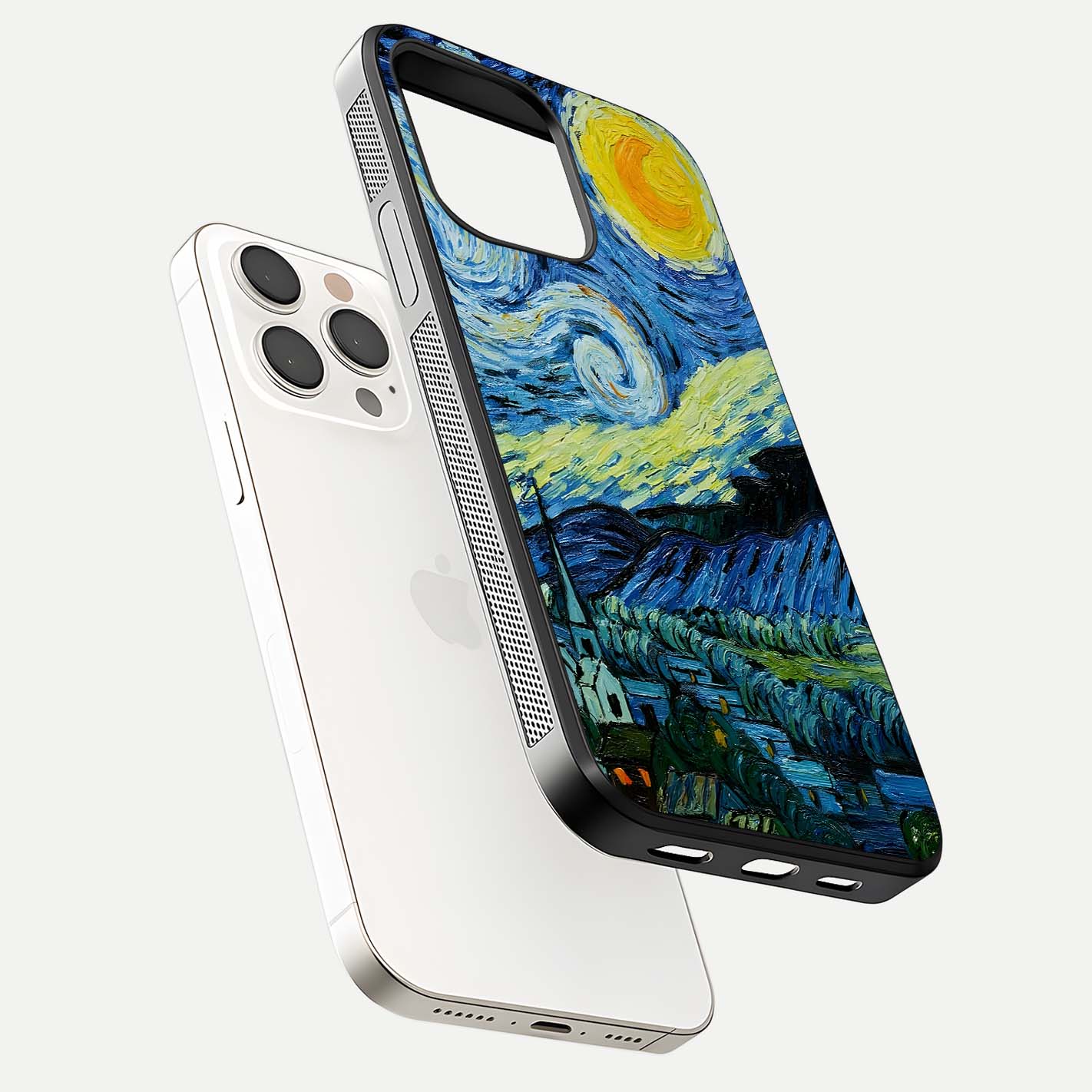 Inspired Van Gogh Art Glass Case for iPhone 15 Pro Max floating dual-view mockup showing gloss depth and artistic reflection