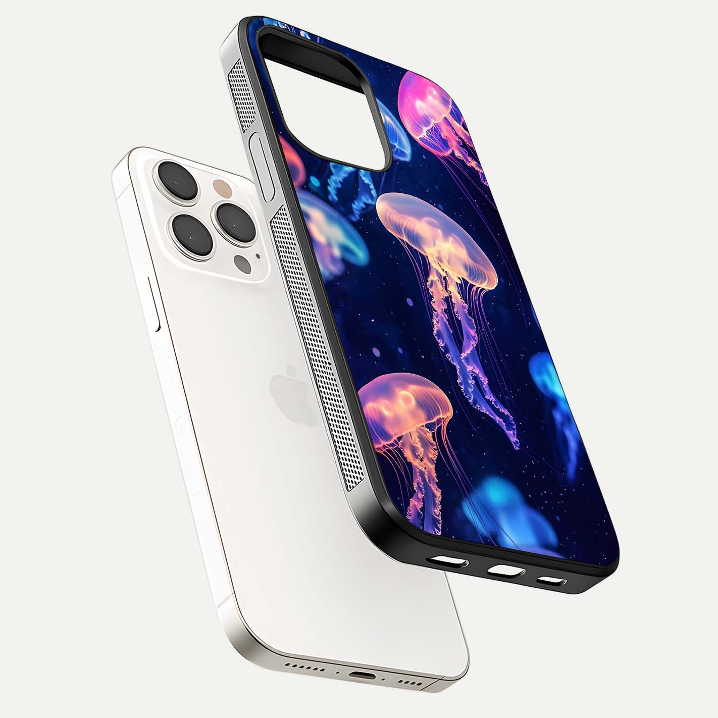 Jellyfish Pattern Glass Case for iPhone 15 Pro Max floating dual-view mockup showing gloss texture and oceanic depth