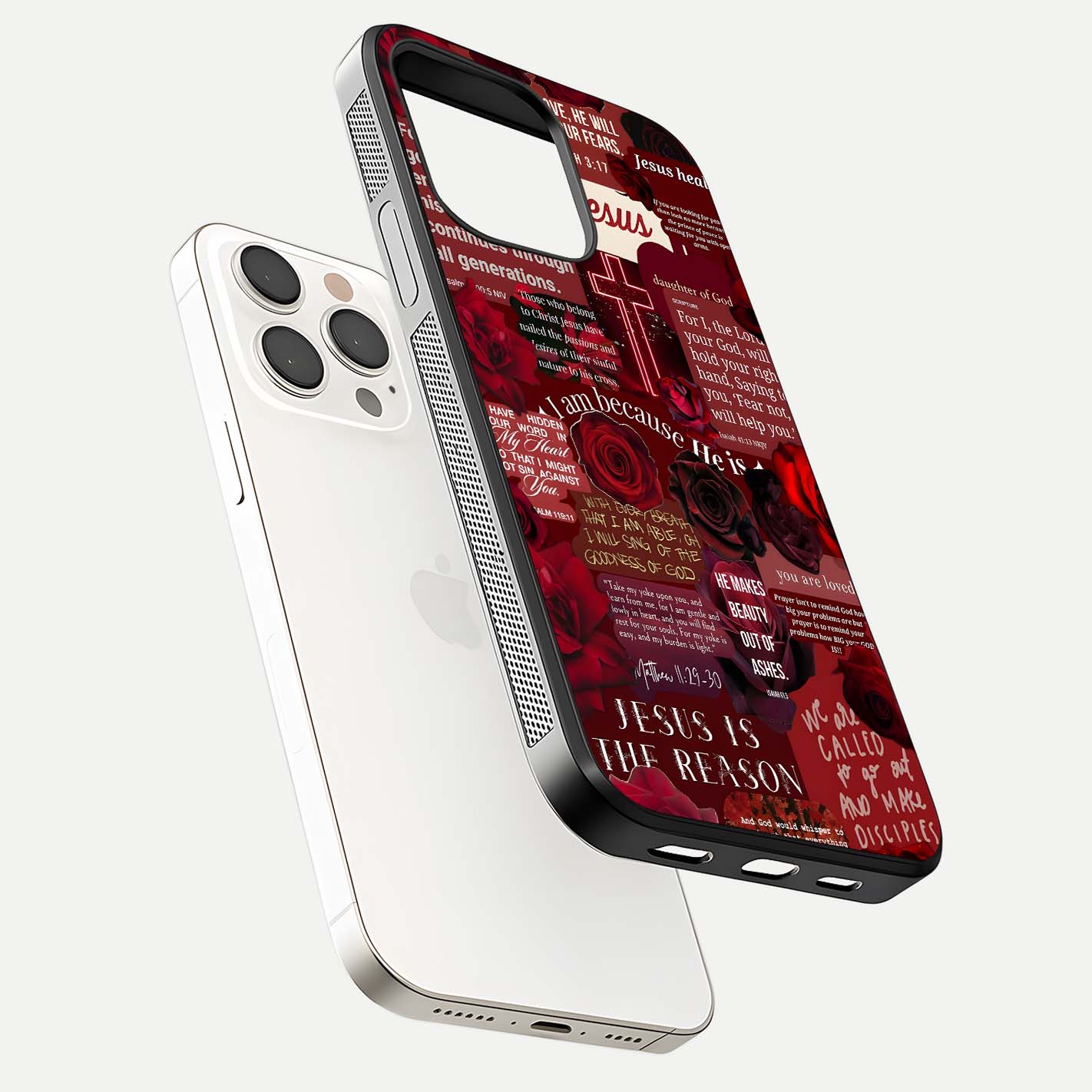 Jesus Love Heals Glass Case for iPhone 15 Pro Max floating dual-view mockup showing glossy shine and faith-inspired art