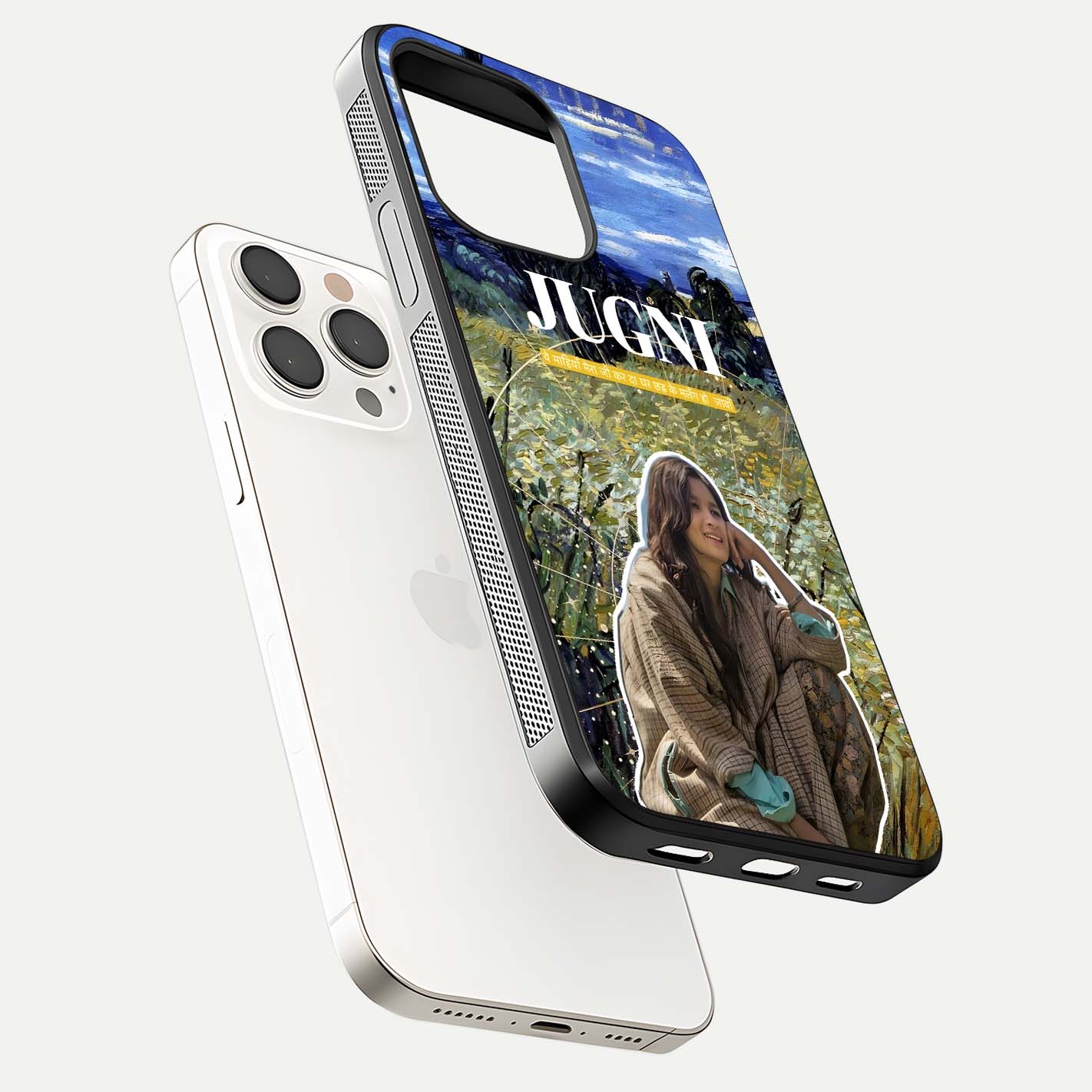 Jugni Soul Vibes Glass Case for iPhone 15 Pro Max floating dual-view mockup showing gloss surface and vivid design style