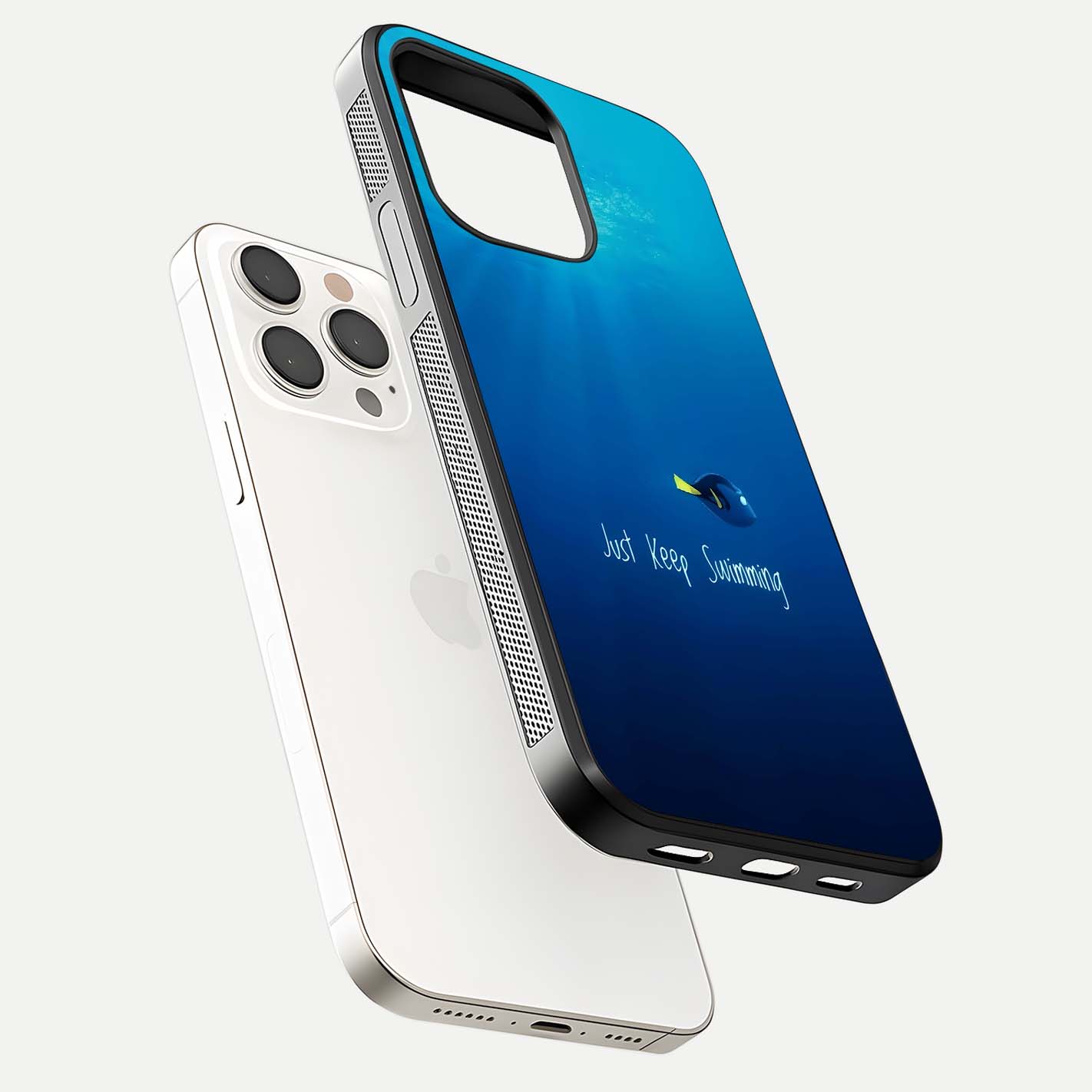 Just Keep Swimming Glass Case for iPhone 15 Pro Max floating dual-view mockup showing gloss brightness and wave motif