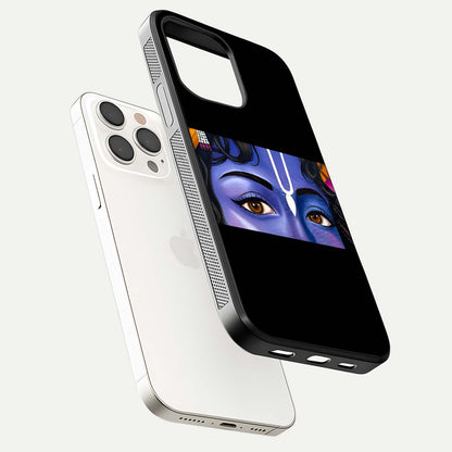 Krishna Eye Glass Case for iPhone 15 Pro Max floating dual-view mockup showing gloss surface and divine art depth