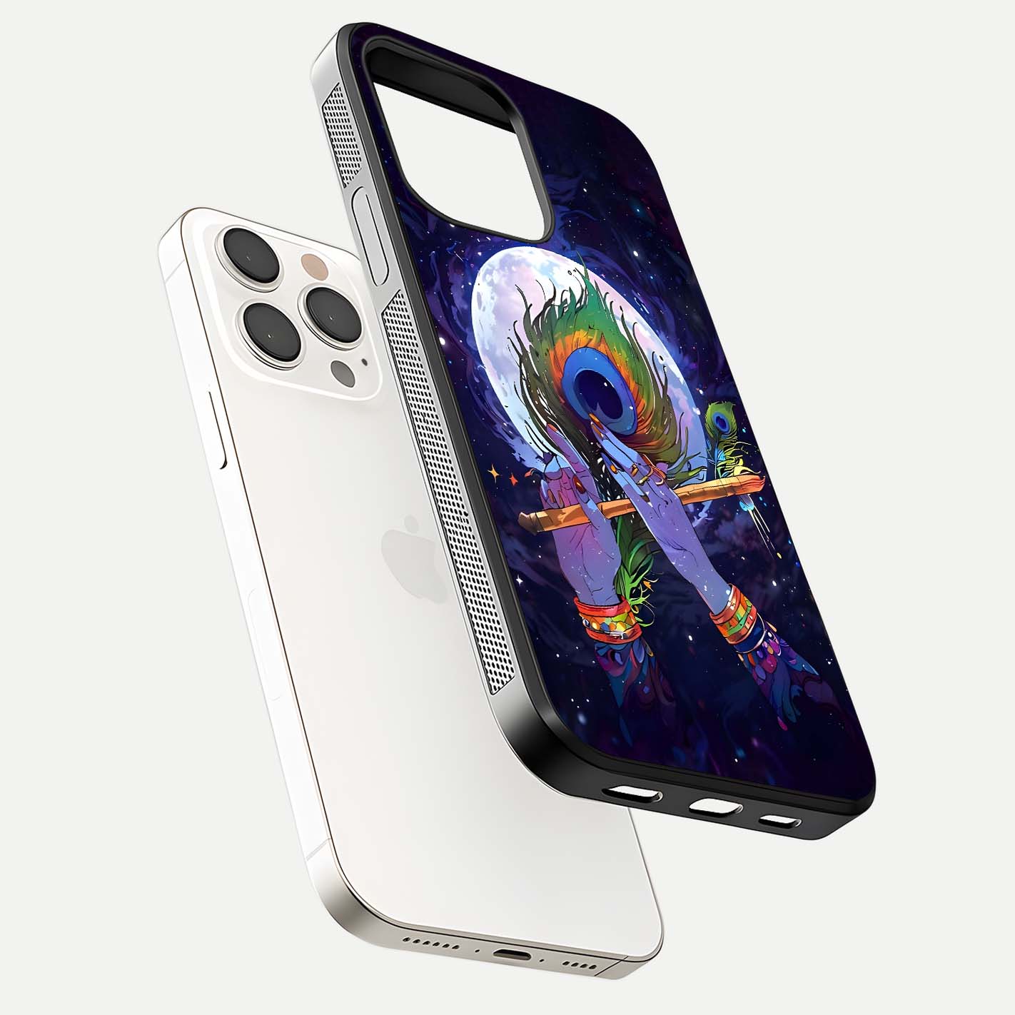 Krishna Hands Art Glass Case for iPhone 15 Pro Max floating dual-view mockup showing premium gloss reflection