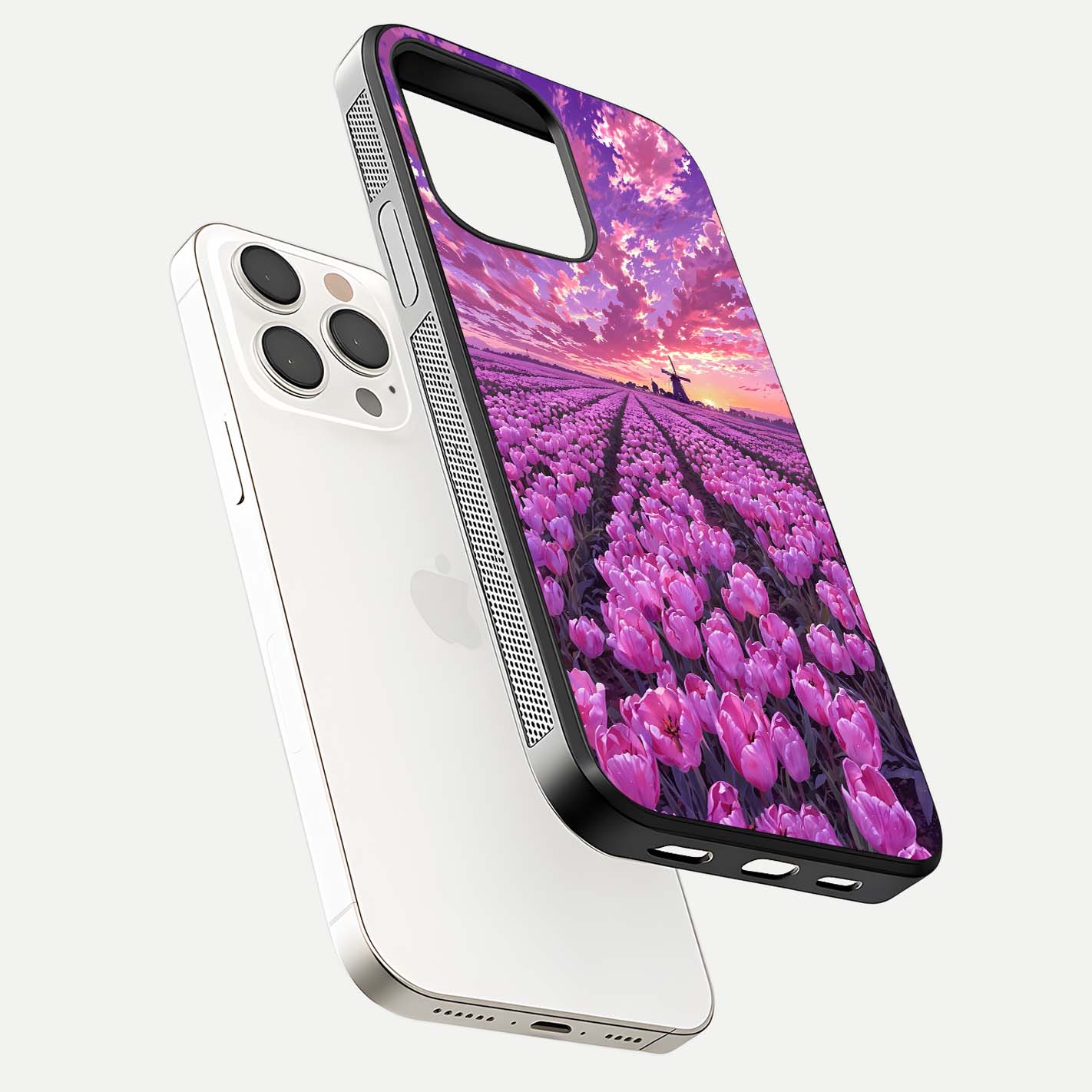 Lavender Dream Skies Glass Case for iPhone 15 Pro Max floating dual-view mockup showing gloss polish and pastel design