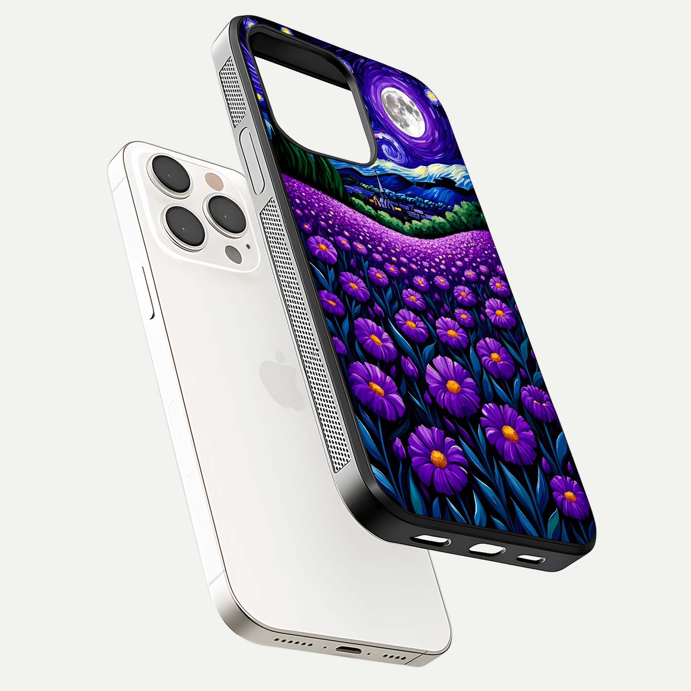 Lavender Moon Field Glass Case for iPhone 15 Pro Max floating dual-view mockup showing gloss surface and floral glow