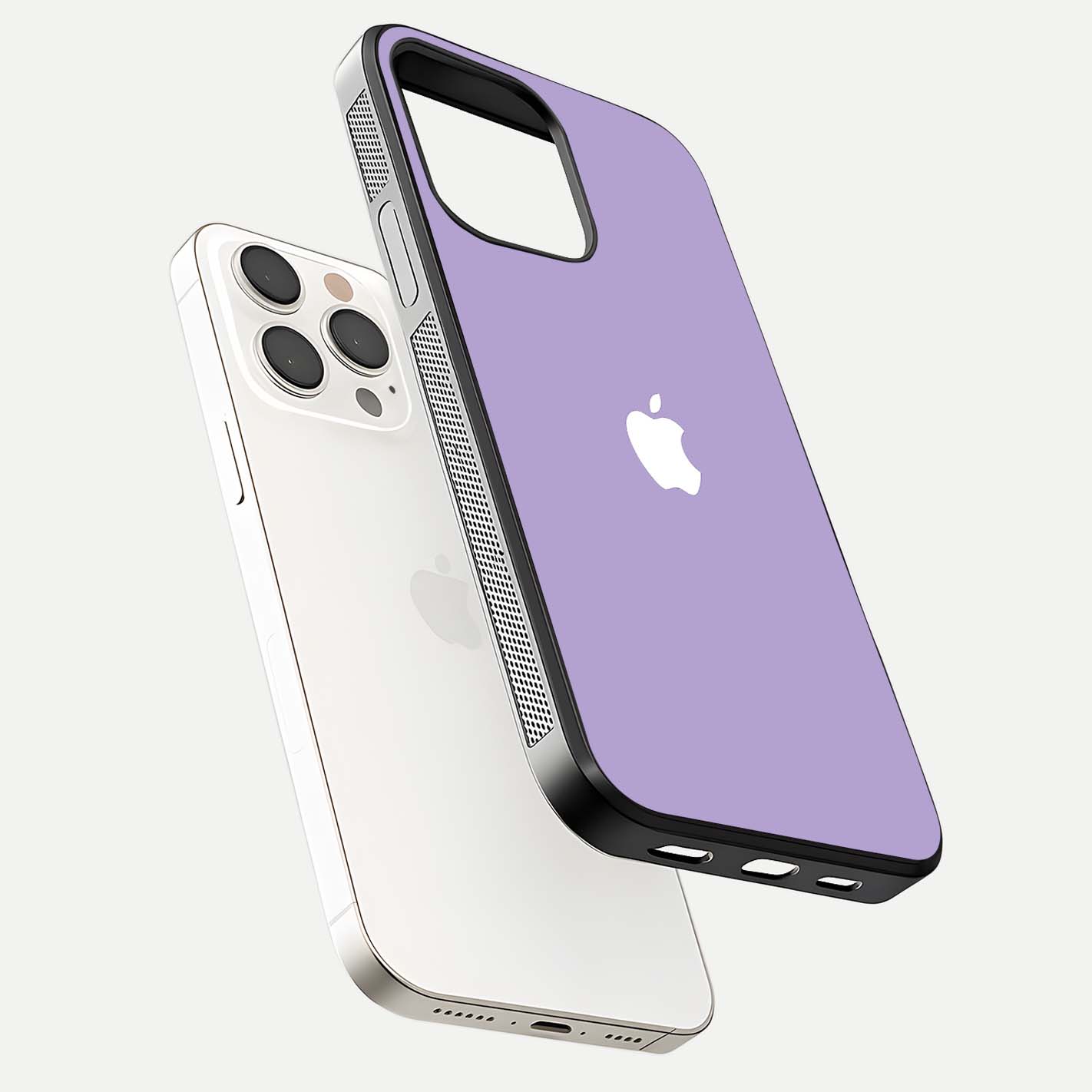 Lavender Soft Minimal Glass Case for iPhone 15 Pro Max floating dual-view mockup showing gloss reflection and pastel tone