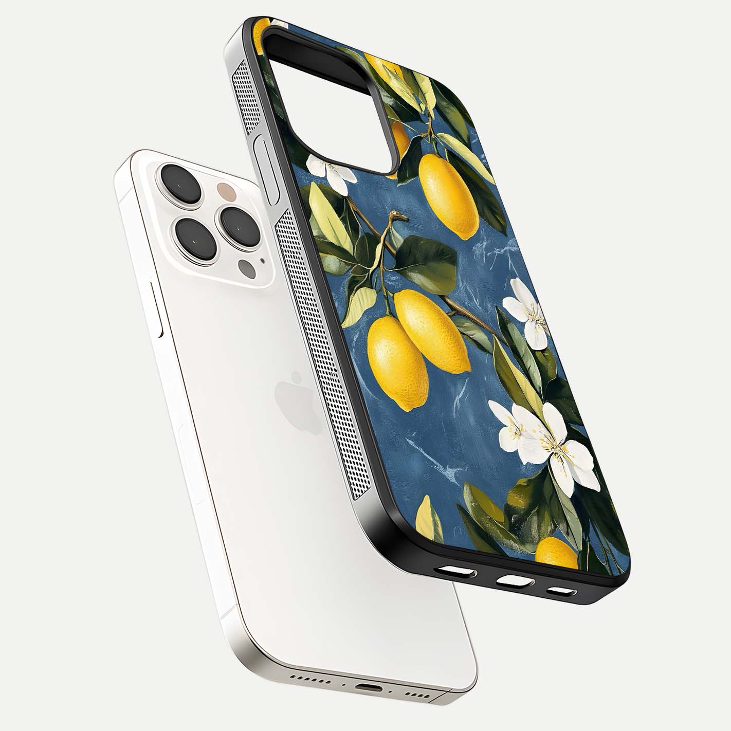 Lemon Dream Garden Glass Case for iPhone 15 Pro Max floating dual-view mockup showing gloss brightness and vivid yellow print