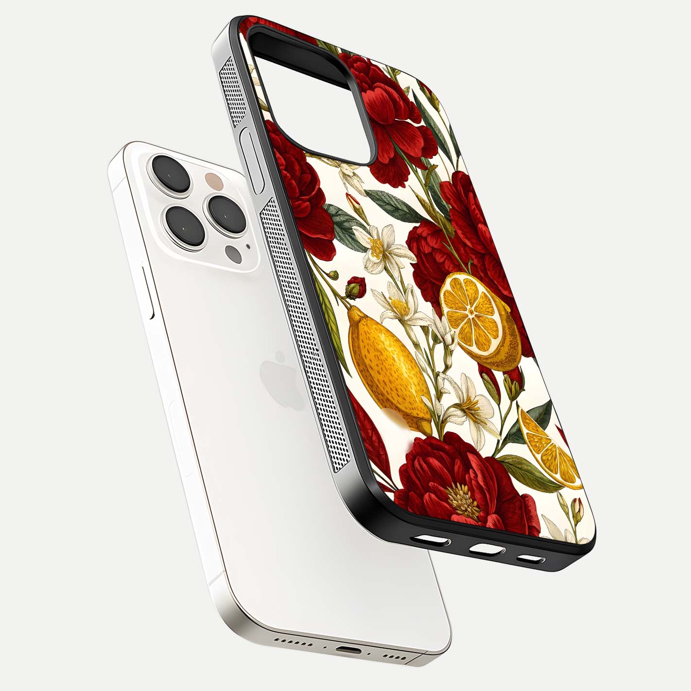Lemon Rose Charm Glass Case for iPhone 15 Pro Max floating dual-view mockup showing gloss polish and floral gradient