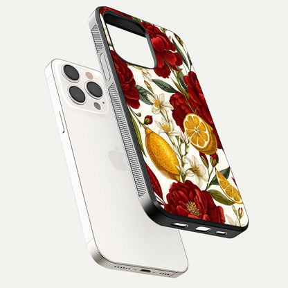 Lemon Rose Charm Glass Case for iPhone 15 Pro Max floating dual-view mockup showing gloss polish and floral gradient