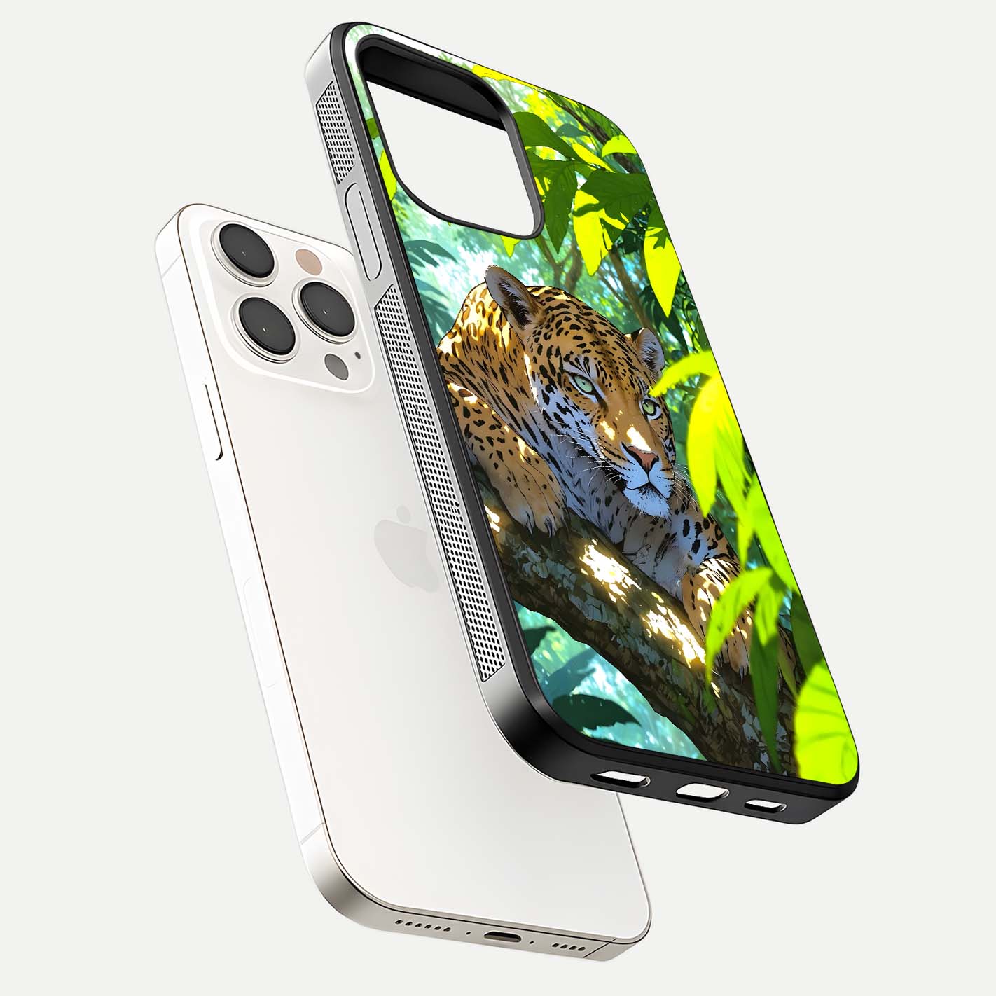 Leopard in Jungle Glass Case for iPhone 15 Pro Max floating dual-view mockup showing gloss finish and HD wild pattern