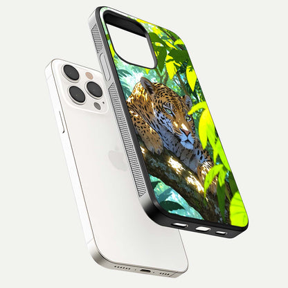Leopard in Jungle Glass Case for iPhone 15 Pro Max floating dual-view mockup showing gloss finish and HD wild pattern