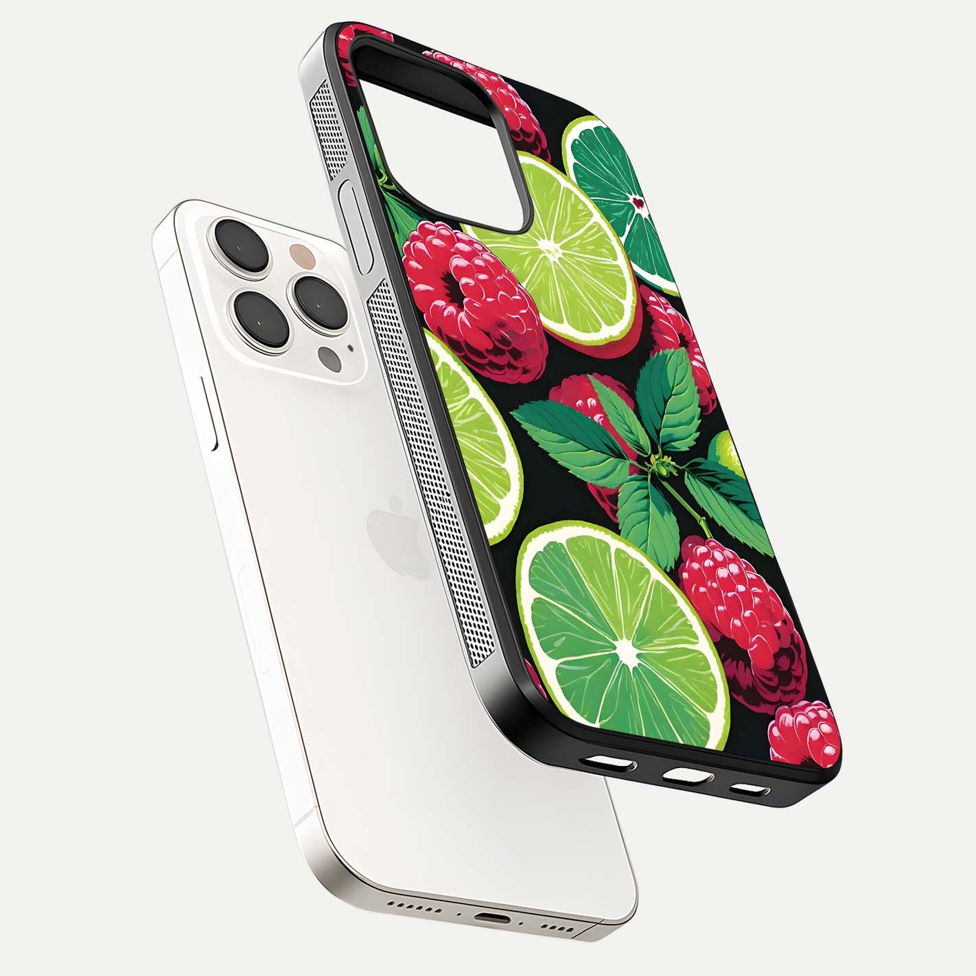 Lime and Raspberry Pattern Glass Case for iPhone 15 Pro Max floating dual-view showing HD gloss and vivid print