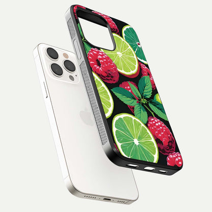 Lime and Raspberry Pattern Glass Case for iPhone 15 Pro Max floating dual-view showing HD gloss and vivid print