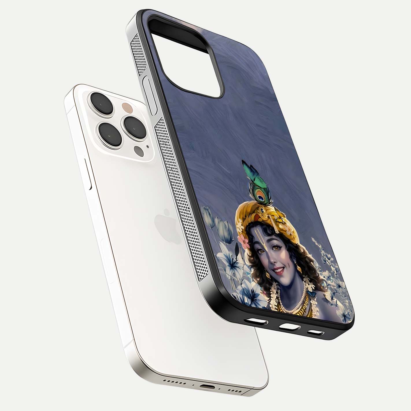 Lord Krishna Glass Case for iPhone 15 Pro Max floating dual-view showing glossy shine and divine artistic pattern