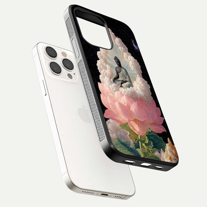 Lotus Divine Peace Glass Case for iPhone 15 Pro Max floating dual-view mockup with glass glow and spiritual calm art