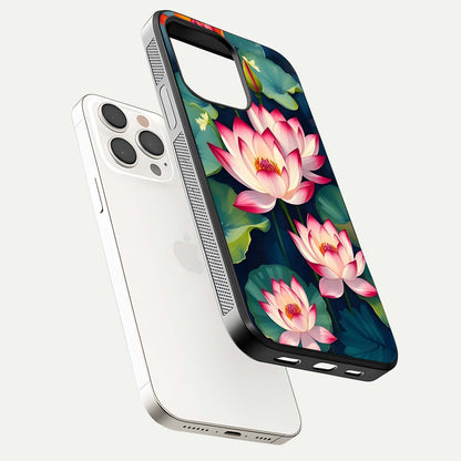 Lotus Dream Serenity Glass Case for iPhone 15 Pro Max floating dual-view mockup highlighting HD gloss glow